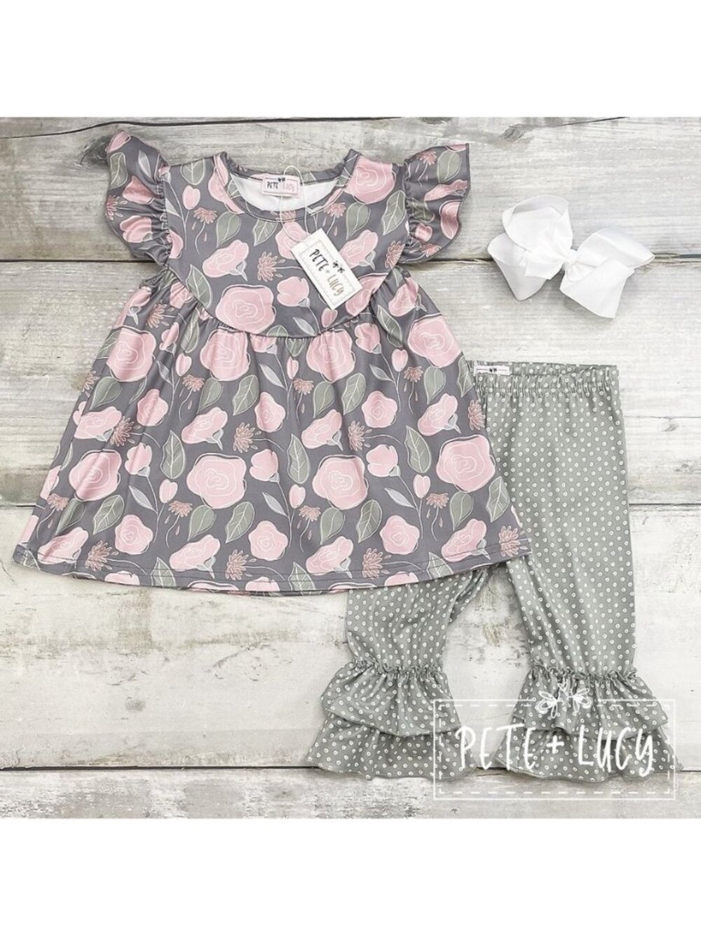 Pete + Lucy Sz 5 Sage Garden Cap Sleeve Baby Ruffle Capri Pants Set Girls NEW